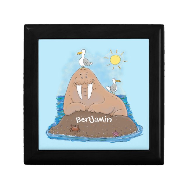 Funny happy walrus cartoon illustration gift box (Front)