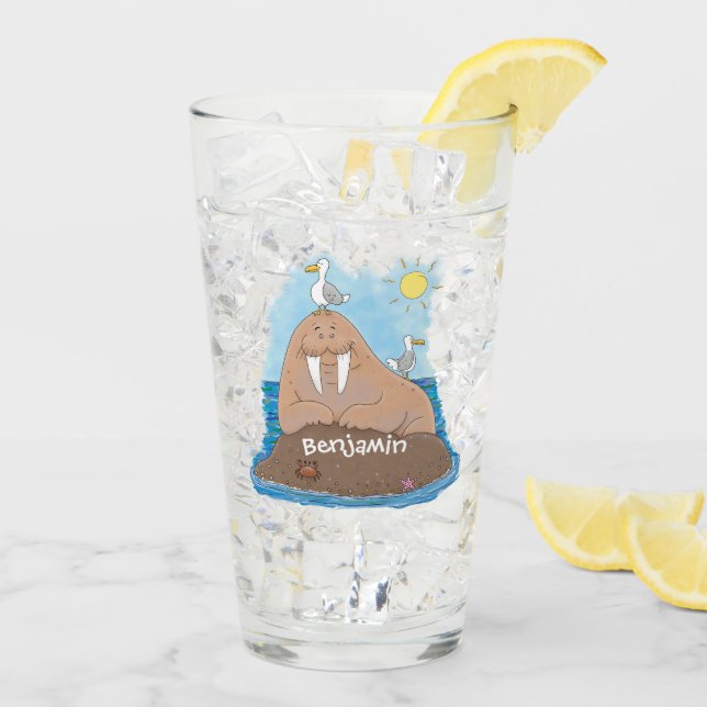 Funny happy walrus cartoon illustration glass (Back Ice)