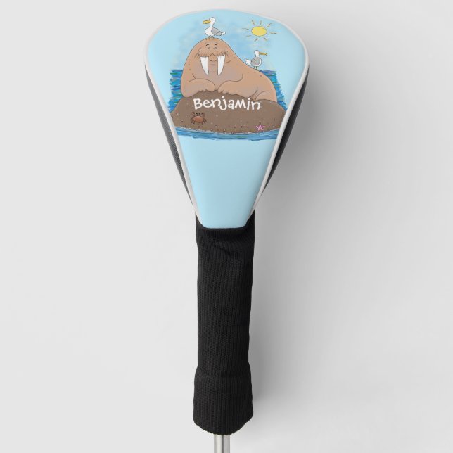 Funny happy walrus cartoon illustration golf head cover (Front)