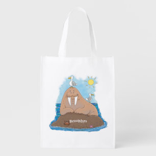 Funny happy walrus cartoon illustration grocery bag