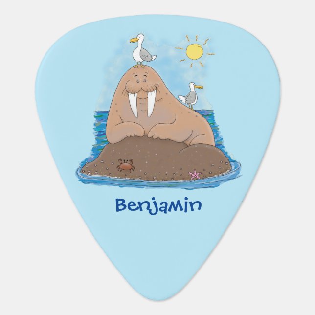 Funny happy walrus cartoon illustration  guitar pick (Front)