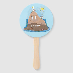 Funny happy walrus cartoon illustration hand fan