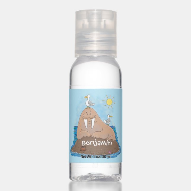 Funny happy walrus cartoon illustration hand sanitizer (Front)