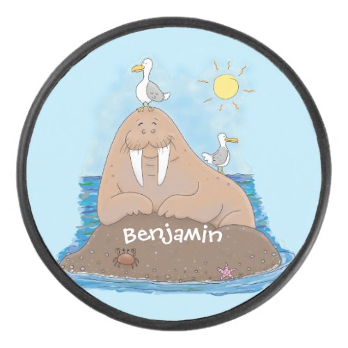 Funny happy walrus cartoon illustration hockey puck