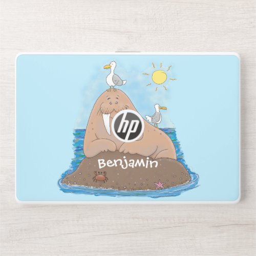 Funny happy walrus cartoon illustration HP laptop skin