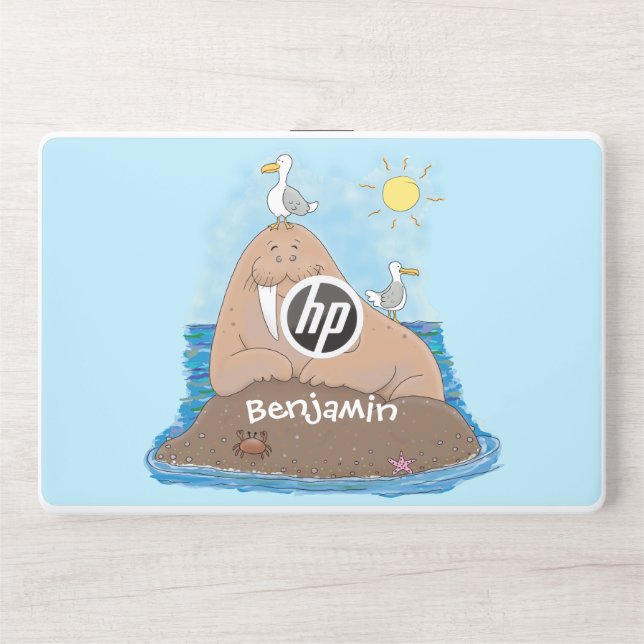 Funny happy walrus cartoon illustration HP laptop skin (Front)
