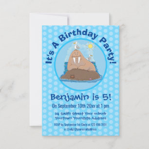 Funny happy walrus cartoon illustration invitation