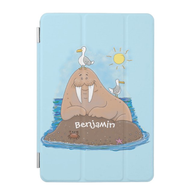 Funny happy walrus cartoon illustration iPad mini cover (Front)