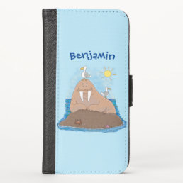 Funny happy walrus cartoon illustration iPhone x wallet case