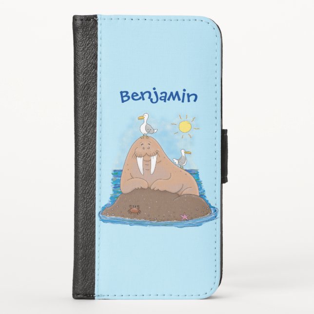 Funny happy walrus cartoon illustration iPhone wallet case (Front)