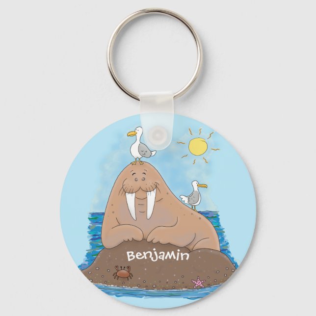 Funny happy walrus cartoon illustration keychain (Front)