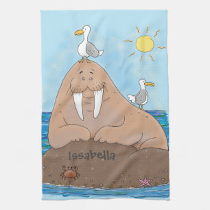 Funny happy walrus cartoon illustration kitchen towel