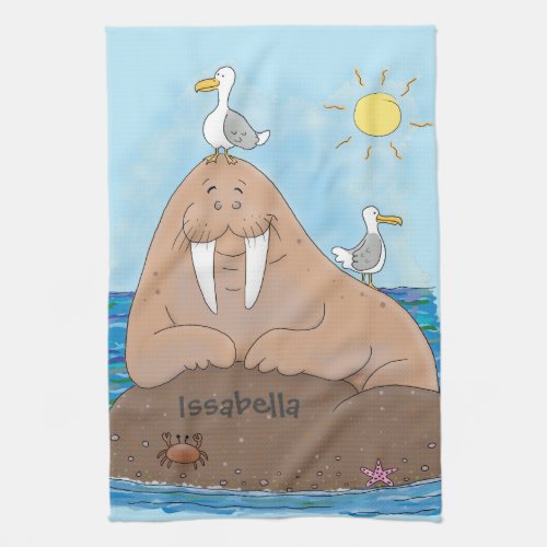 Funny happy walrus cartoon illustration kitchen towel