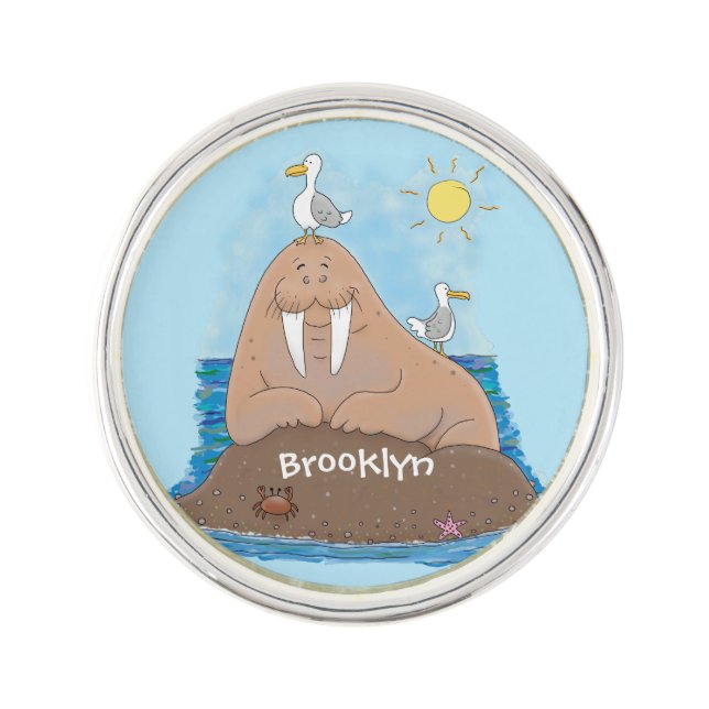 Funny happy walrus cartoon illustration lapel pin (Front)