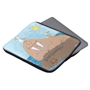 Funny happy walrus cartoon illustration laptop sleeve