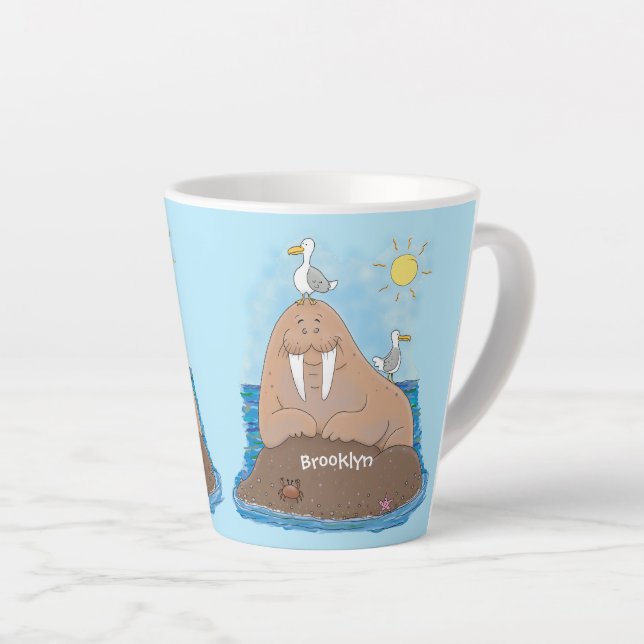 Funny happy walrus cartoon illustration latte mug (Right Angle)