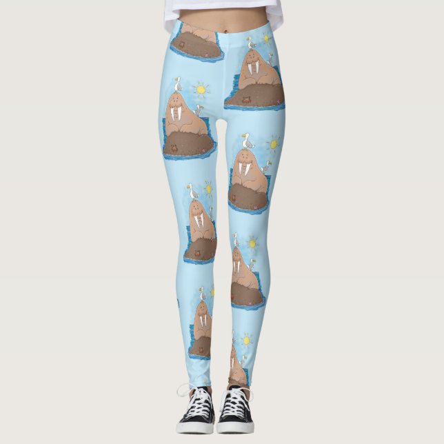 Funny happy walrus cartoon illustration leggings (Front)