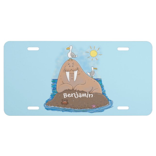 Funny happy walrus cartoon illustration license plate (Front)