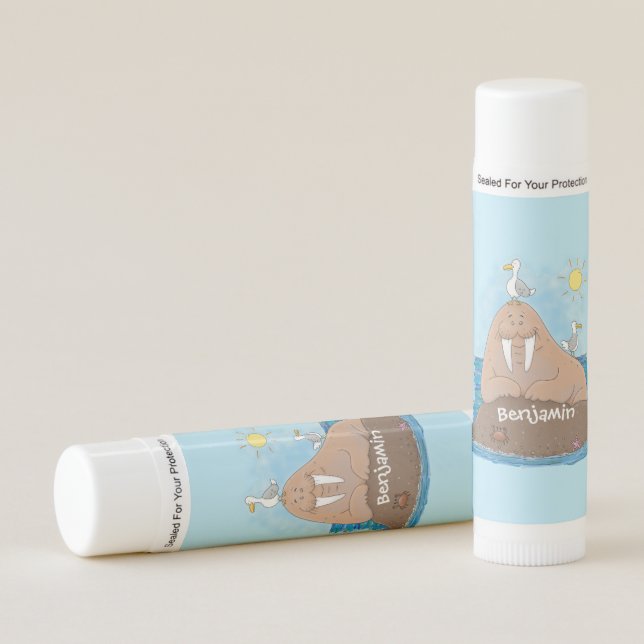 Funny happy walrus cartoon illustration lip balm (Front)