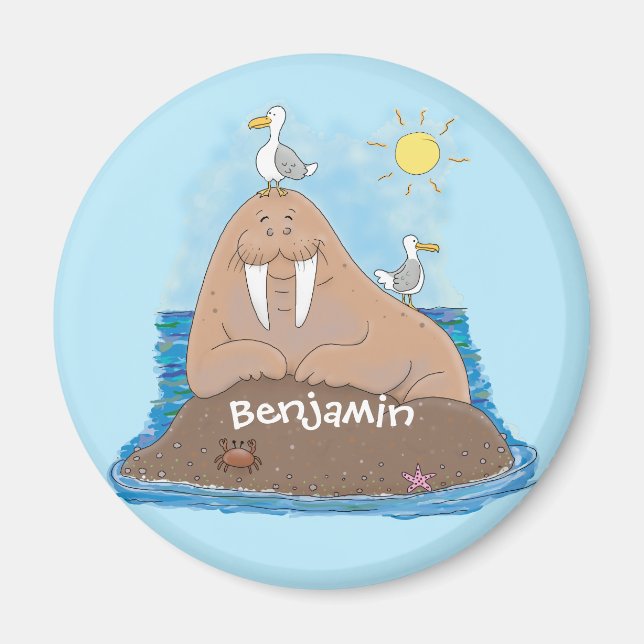 Funny happy walrus cartoon illustration magnet (Front)