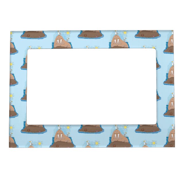 Funny happy walrus cartoon illustration magnetic frame (Front)