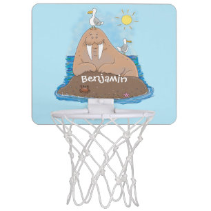 Funny happy walrus cartoon illustration mini basketball hoop