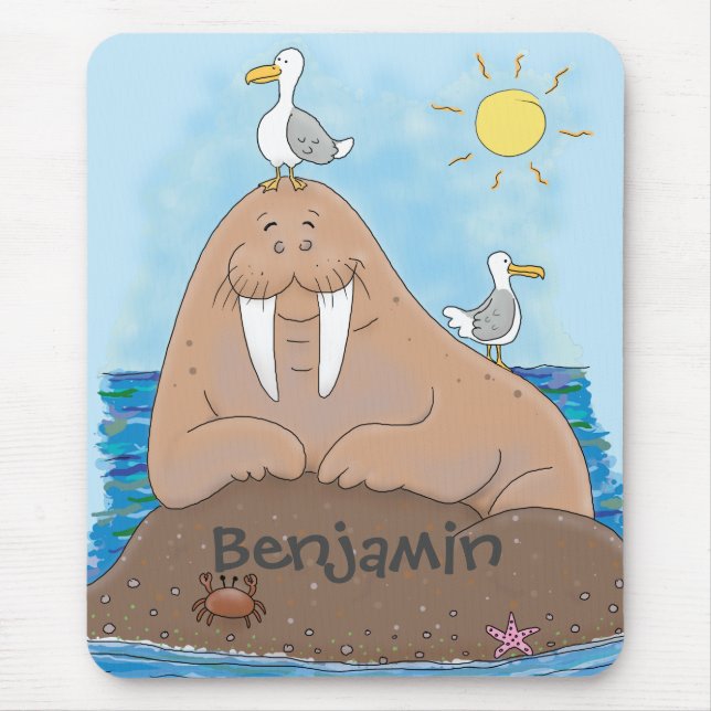 Funny happy walrus cartoon illustration mouse pad (Front)