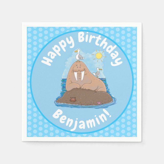 Funny happy walrus cartoon illustration napkins (Front)