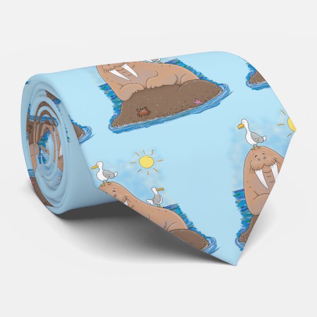 Funny happy walrus cartoon illustration neck tie (Rolled)