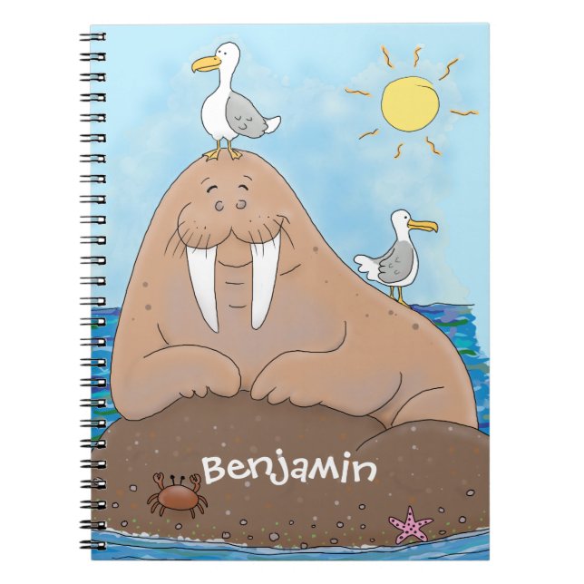 Funny happy walrus cartoon illustration notebook (Front)