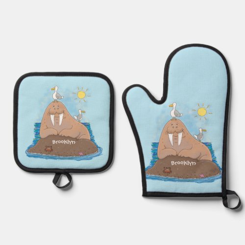 Funny happy walrus cartoon illustration oven mitt & pot holder set