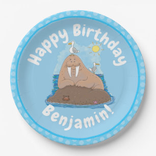 Funny happy walrus cartoon illustration paper plates
