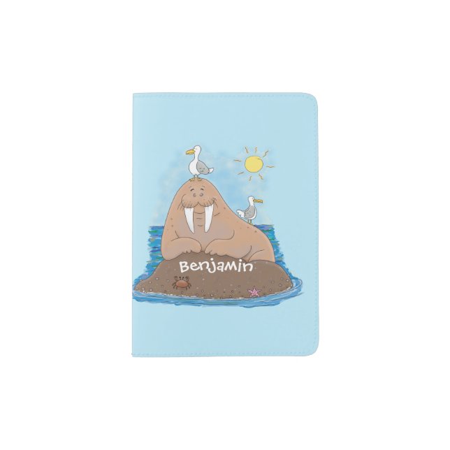 Funny happy walrus cartoon illustration passport holder (Front)