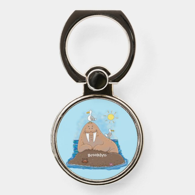 Funny happy walrus cartoon illustration phone ring stand (Front)