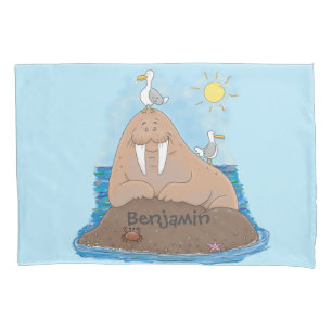 Funny happy walrus cartoon illustration pillow case