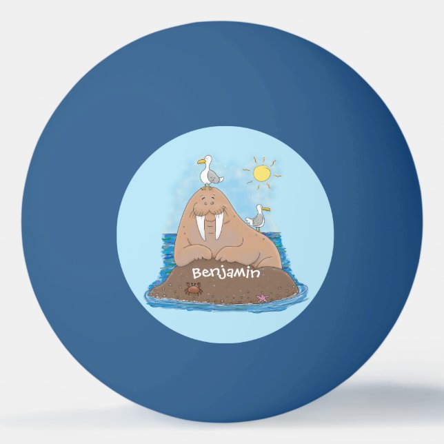 Funny happy walrus cartoon illustration ping pong ball (Front)