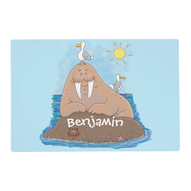 Funny happy walrus cartoon illustration placemat (Front)