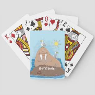 Funny happy walrus cartoon illustration poker cards