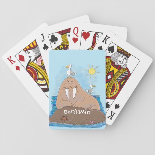 Funny happy walrus cartoon illustration poker cards