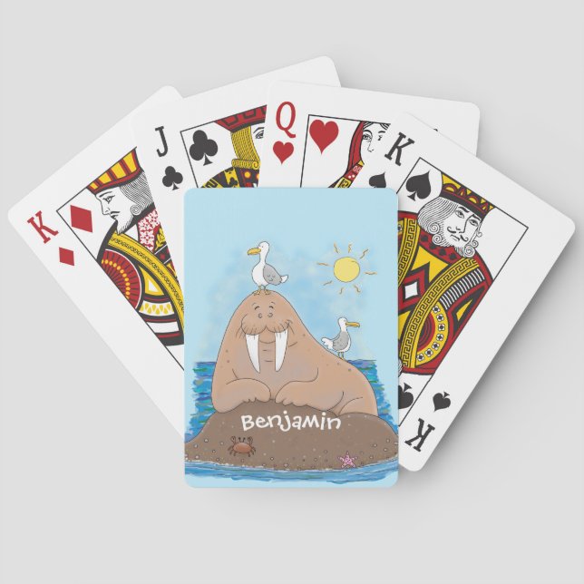 Funny happy walrus cartoon illustration poker cards (Back)