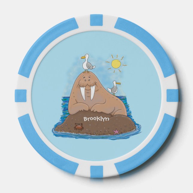 Funny happy walrus cartoon illustration poker chips (Front)