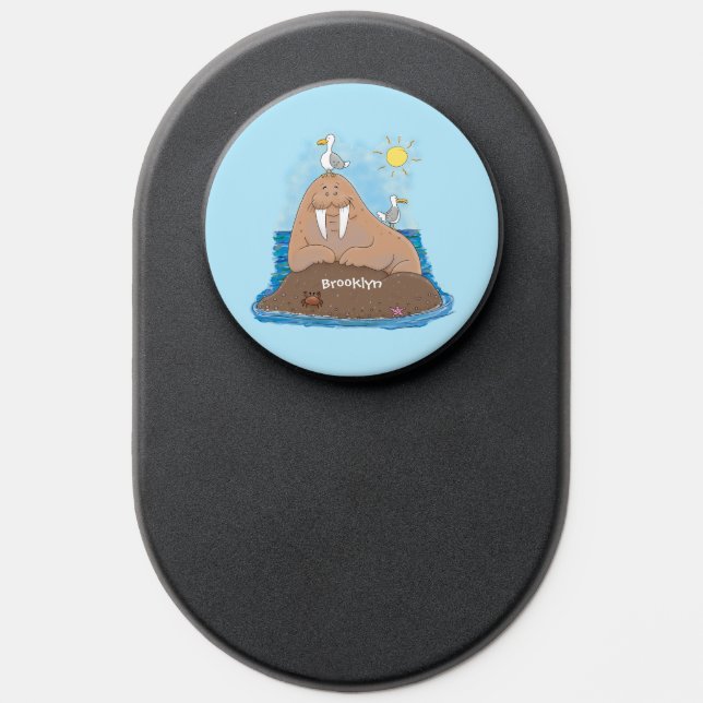 Funny happy walrus cartoon illustration PopSocket (Popsocket)