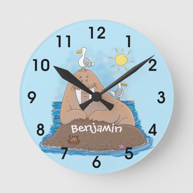 Funny happy walrus cartoon illustration round clock (Front)