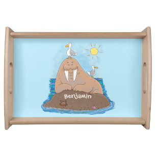 Funny happy walrus cartoon illustration serving tray