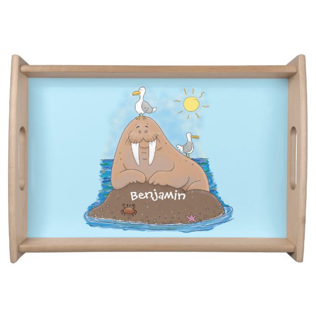 Funny happy walrus cartoon illustration serving tray (Front)