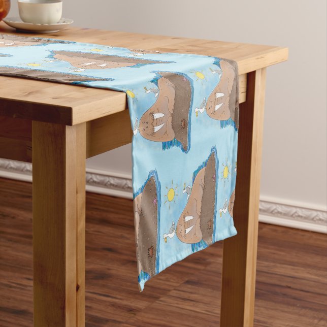 Funny happy walrus cartoon illustration short table runner (In Situ)