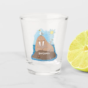 Funny happy walrus cartoon illustration shot glass