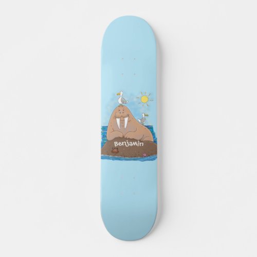 Funny happy walrus cartoon illustration skateboard