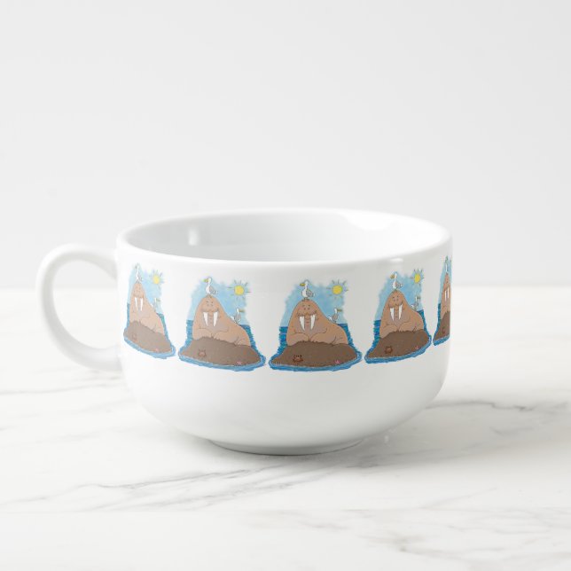 Funny happy walrus cartoon illustration soup mug (Right)