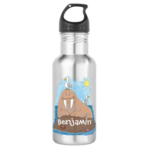 Funny happy walrus cartoon illustration stainless steel water bottle